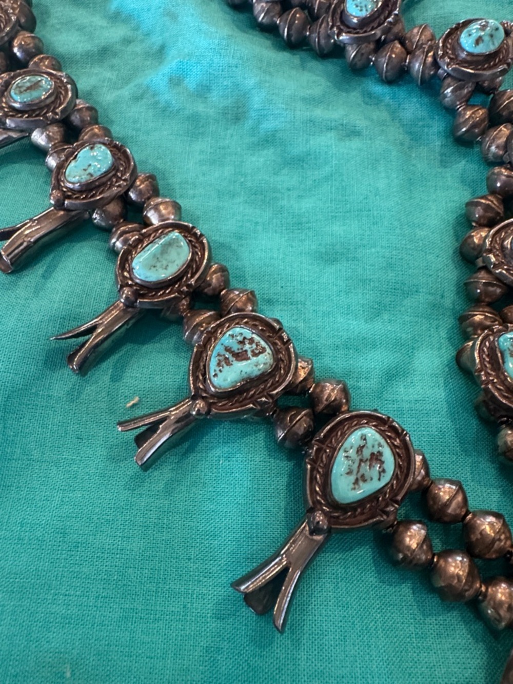 Turquoise Stone Squash Blossom Necklace - Blue Statement Necklace - Picture 3 of 4